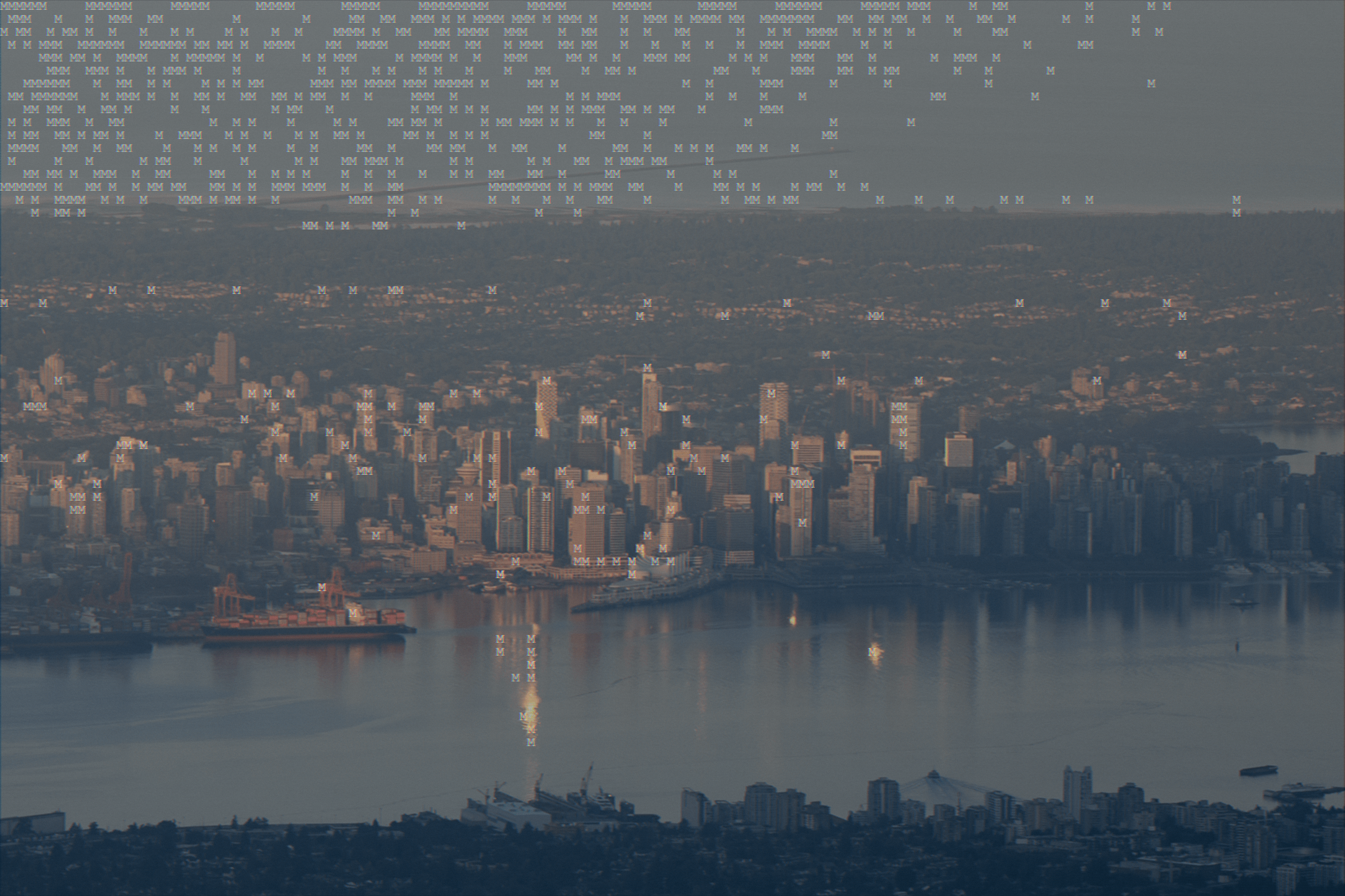 Aerial view of the Vancouver skyline at dusk, overlaid with a scattering of M characters